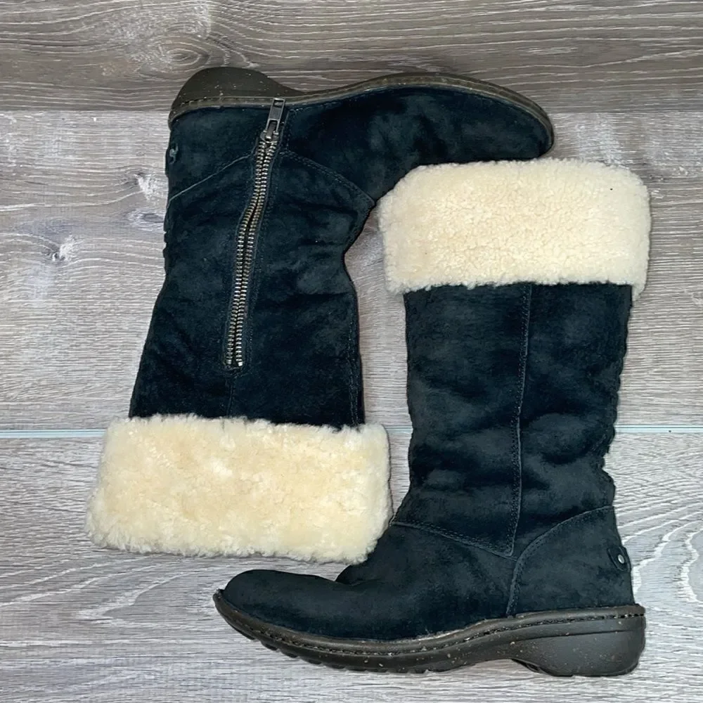 Ugg Karyn Black Suede Warm Shearling Cuff Women’s Sz 5 Zip Pull On Winter Boots